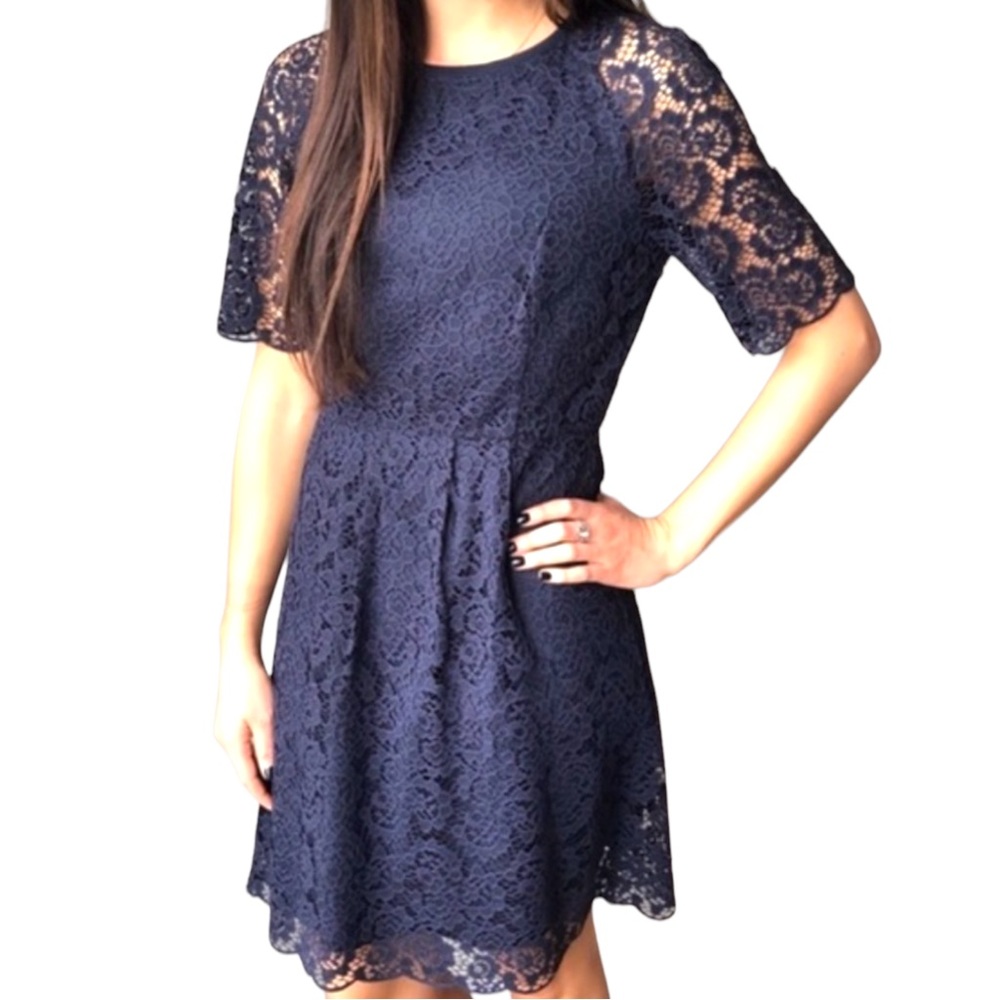 Madewell Magnolia Lace Dress 0 Floral Navy Blue Short Sleeve Crochet Sheer